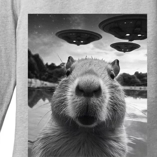 Funny Graphic Capybara Selfie With Ufos Weird Womens CVC Long Sleeve Shirt