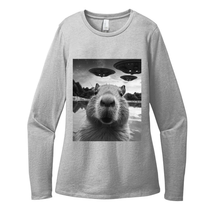 Funny Graphic Capybara Selfie With Ufos Weird Womens CVC Long Sleeve Shirt