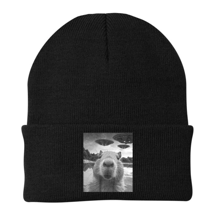 Funny Graphic Capybara Selfie With Ufos Weird Knit Cap Winter Beanie