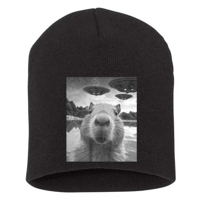 Funny Graphic Capybara Selfie With Ufos Weird Short Acrylic Beanie