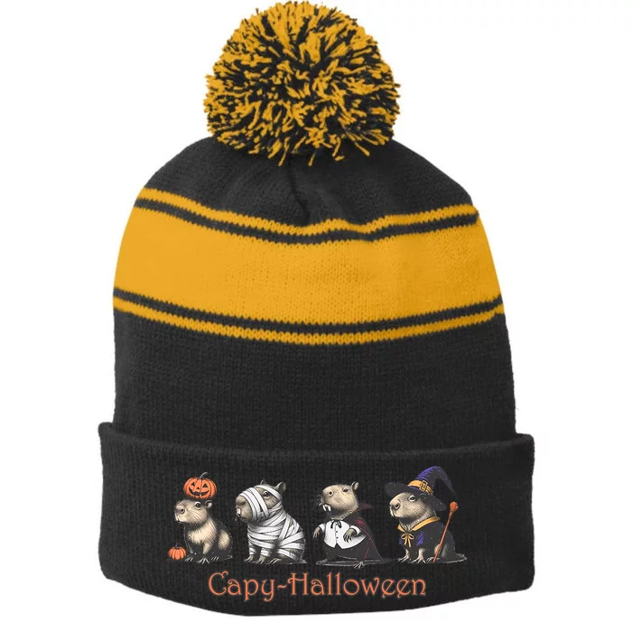 Funny Ghost Capybara Halloween Stripe Pom Pom Beanie