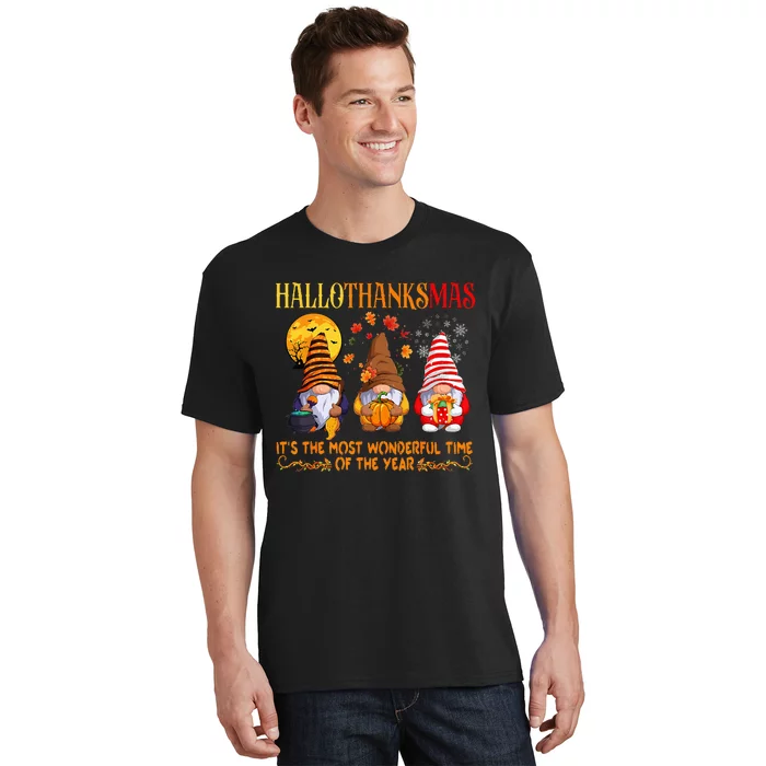 Festive Gnomes Celebrating Hallothanksmas T-Shirt