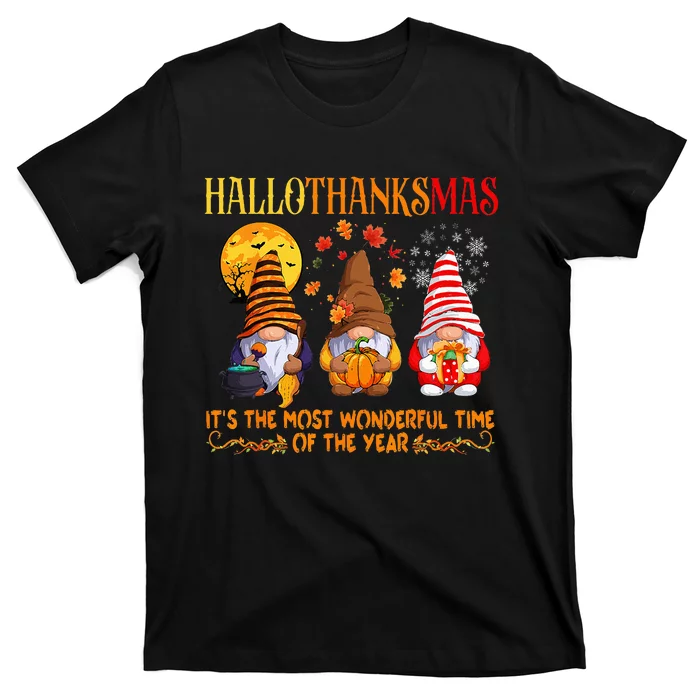 Festive Gnomes Celebrating Hallothanksmas T-Shirt