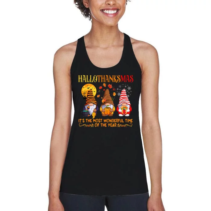 Festive Gnomes Celebrating Hallothanksmas Women's Racerback Tank