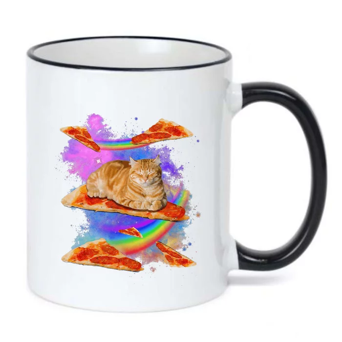 Funny Galaxy Cat In Space Cat Riding Pizza Black Color Changing Mug