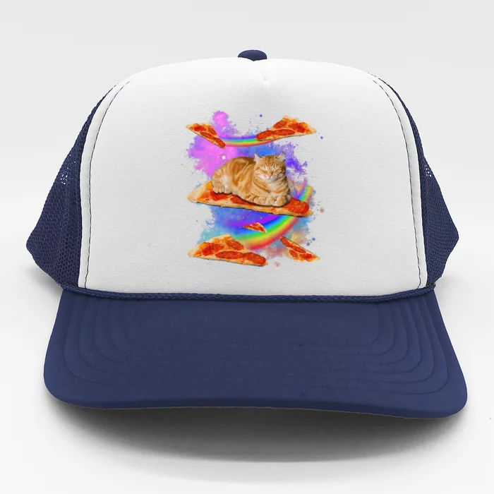 Funny Galaxy Cat In Space Cat Riding Pizza Trucker Hat