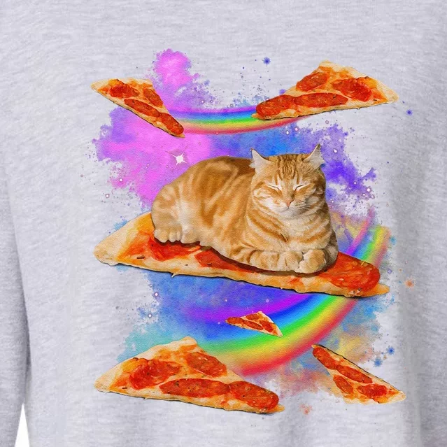 Funny Galaxy Cat In Space Cat Riding Pizza Cropped Pullover Crew