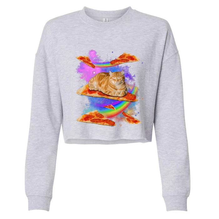 Funny Galaxy Cat In Space Cat Riding Pizza Cropped Pullover Crew