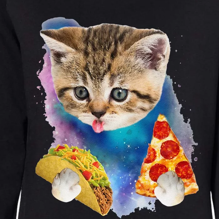 Funny Galaxy Cat Space Cat Eat Pizza And Taco Gift Womens California Wash Sweatshirt