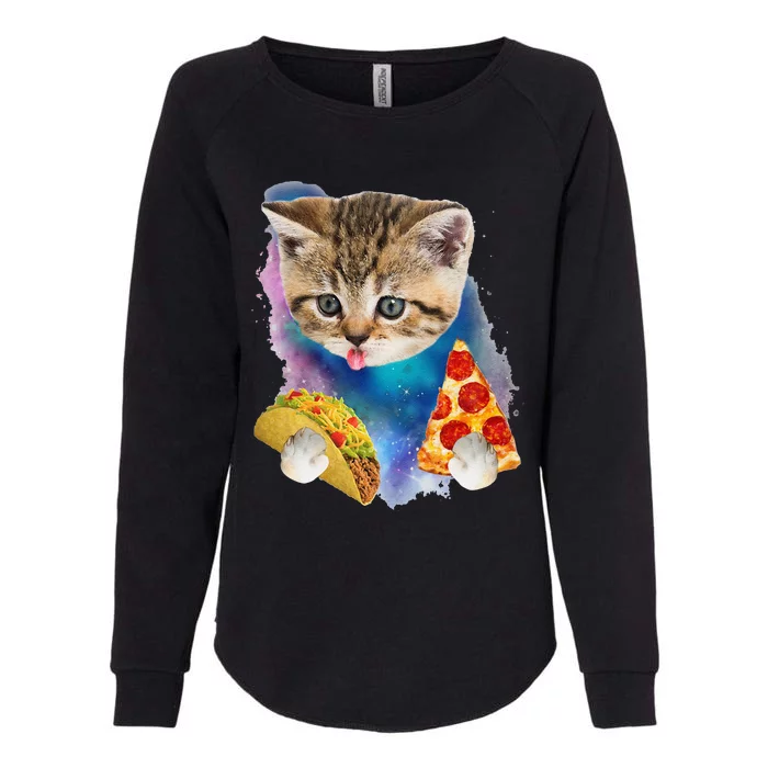 Funny Galaxy Cat Space Cat Eat Pizza And Taco Gift Womens California Wash Sweatshirt