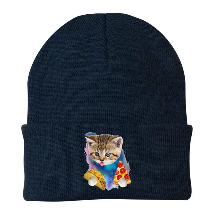 Funny Galaxy Cat Space Cat Eat Pizza And Taco Gift Knit Cap Winter Beanie