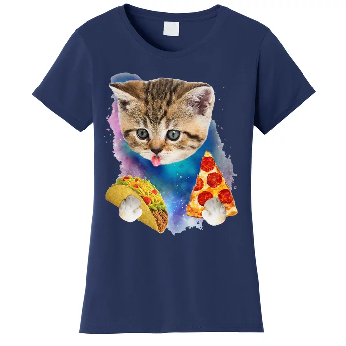 Funny Galaxy Cat Space Cat Eat Pizza And Taco Gift Women's T-Shirt