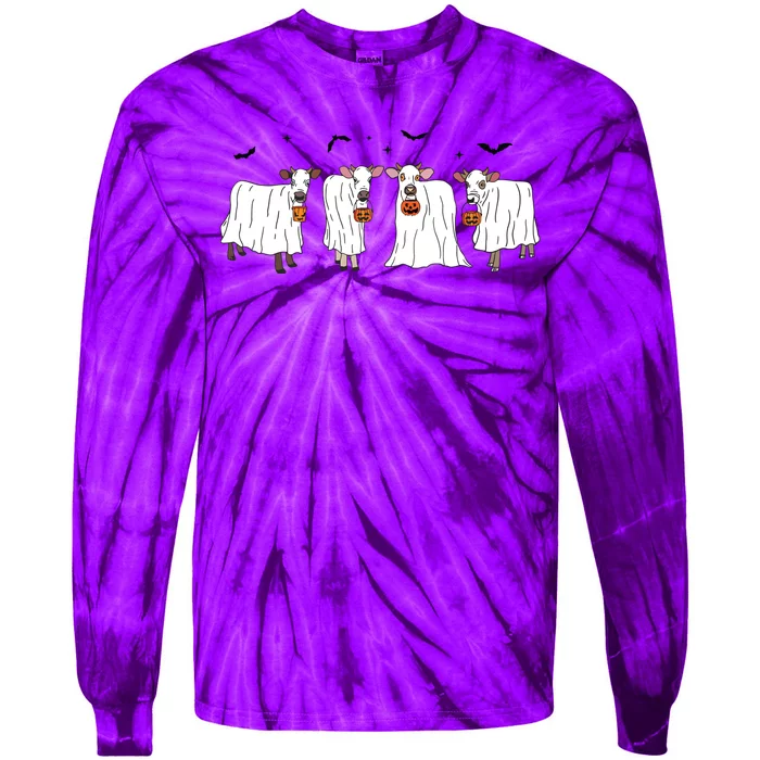 Funny Ghost Cows Halloween Animals Cow Lover Spooky Season Tie-Dye Long Sleeve Shirt