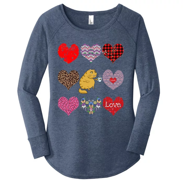 Funny Ginger Cat Hearts Pattern Coffee Lover Valentines Day Gift Women's Perfect Tri Tunic Long Sleeve Shirt