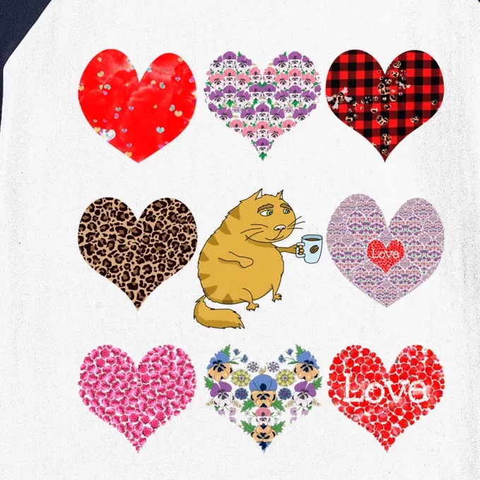 Funny Ginger Cat Hearts Pattern Coffee Lover Valentines Day Gift Baseball Sleeve Shirt