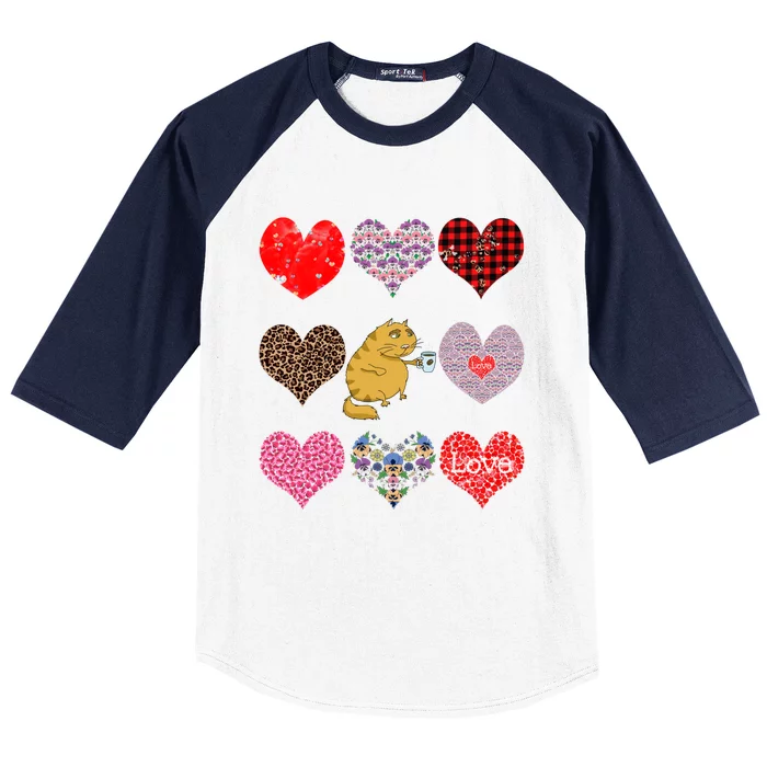 Funny Ginger Cat Hearts Pattern Coffee Lover Valentines Day Gift Baseball Sleeve Shirt