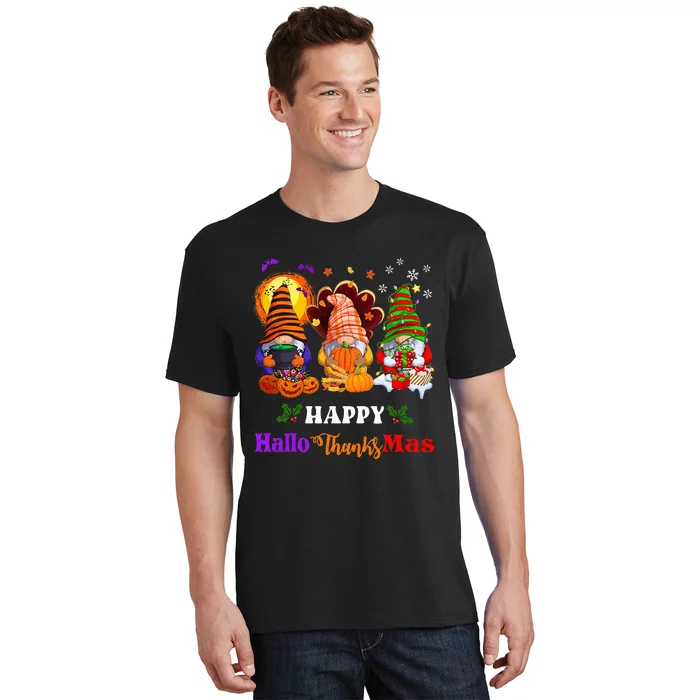 Festive Gnomes Celebrating Halloween and Christmas T-Shirt