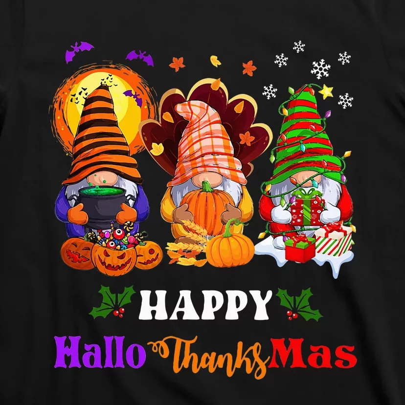 Festive Gnomes Celebrating Halloween and Christmas T-Shirt