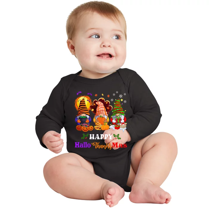 Festive Gnomes Celebrating Halloween and Christmas Baby Long Sleeve Bodysuit