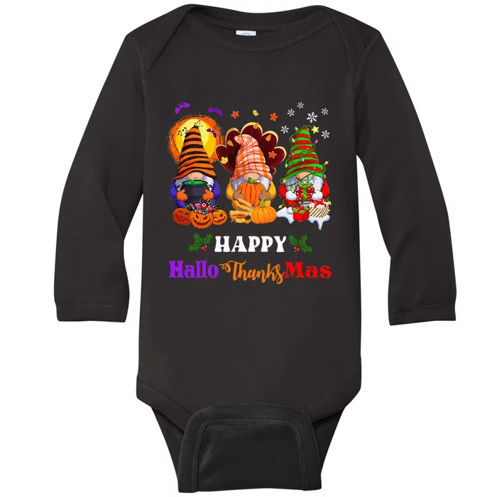 Festive Gnomes Celebrating Halloween and Christmas Baby Long Sleeve Bodysuit