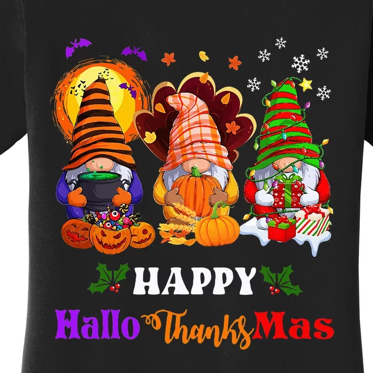 Festive Gnomes Celebrating Halloween and Christmas Women's T-Shirt