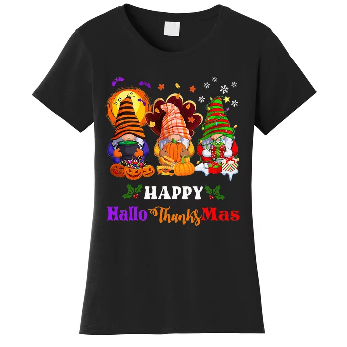 Festive Gnomes Celebrating Halloween and Christmas Women's T-Shirt