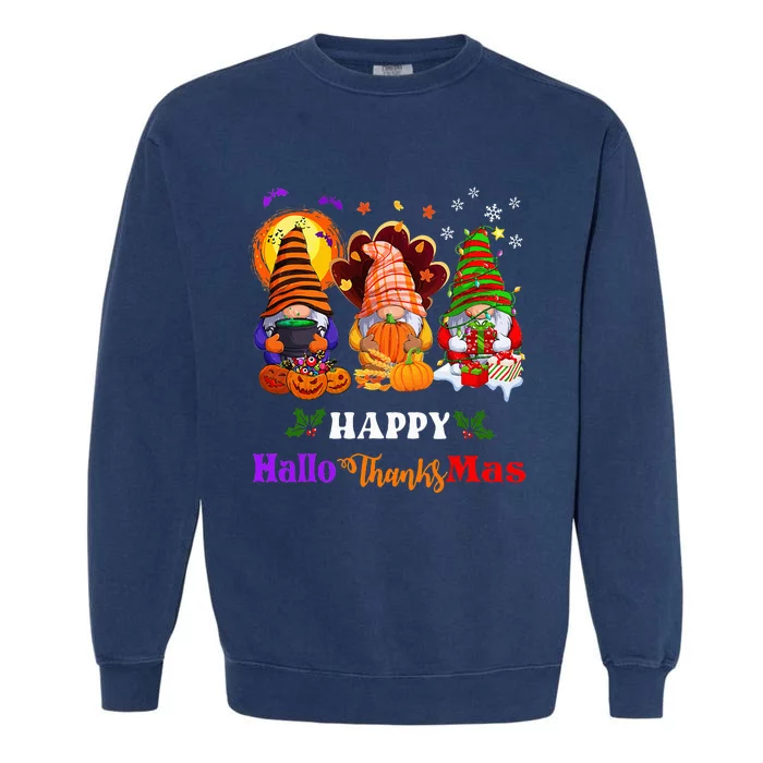 Festive Gnomes Celebrating Halloween and Christmas Garment-Dyed Sweatshirt