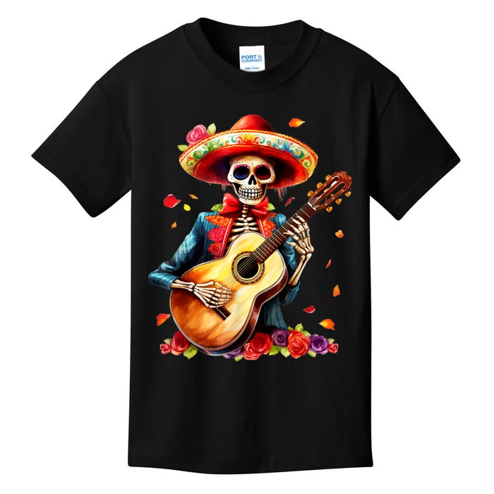 Floral Guitar Dia De Los Muertos Cute Mariachi Day Of Dead Kids T-Shirt