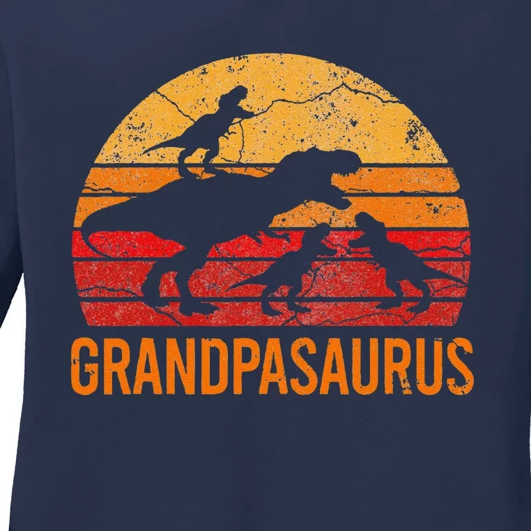 Funny Grandpa Dinosaur Daddy Gift 3 Three Grandpasaurus Ladies Long Sleeve Shirt