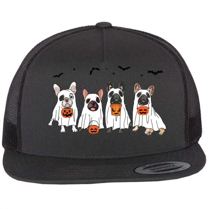 Frenchie Ghost Dog Costume Funny French Bulldog Halloween Flat Bill Trucker Hat