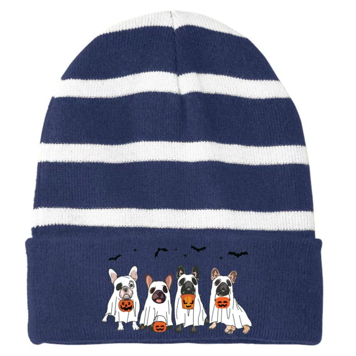 Frenchie Ghost Dog Costume Funny French Bulldog Halloween Striped Beanie with Solid Band