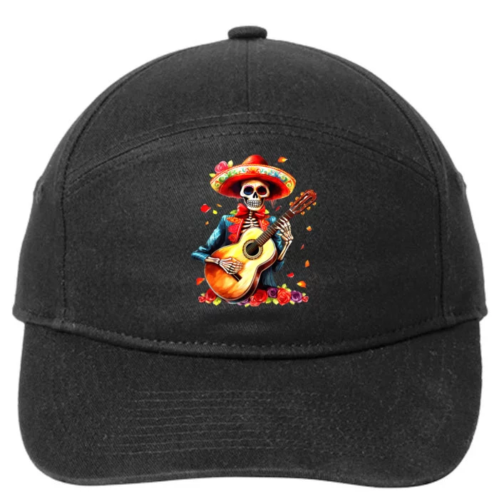 Floral Guitar Dia De Los Muertos Cute Mariachi Day Of Dead 7-Panel Snapback Hat