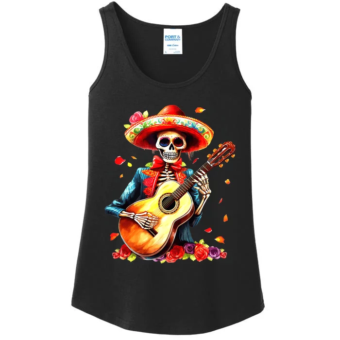 Floral Guitar Dia De Los Muertos Cute Mariachi Day Of Dead Ladies Essential Tank