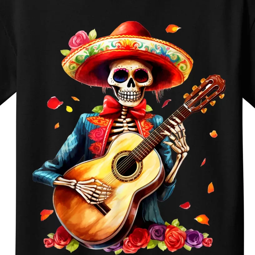 Floral Guitar Dia De Los Muertos Cute Mariachi Day Of Dead Kids T-Shirt