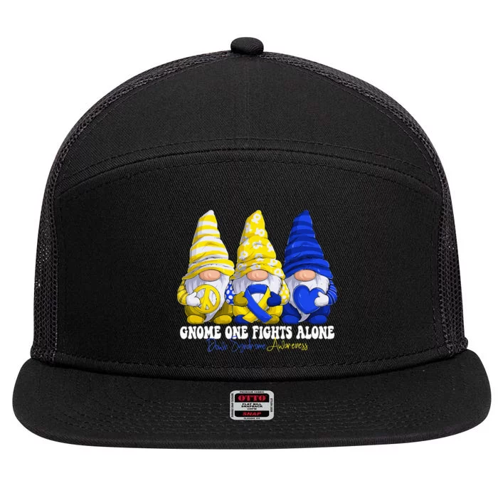 Funny Gnomies Down Syndrome Awareness Month Blue And Yellow 7 Panel Mesh Trucker Snapback Hat