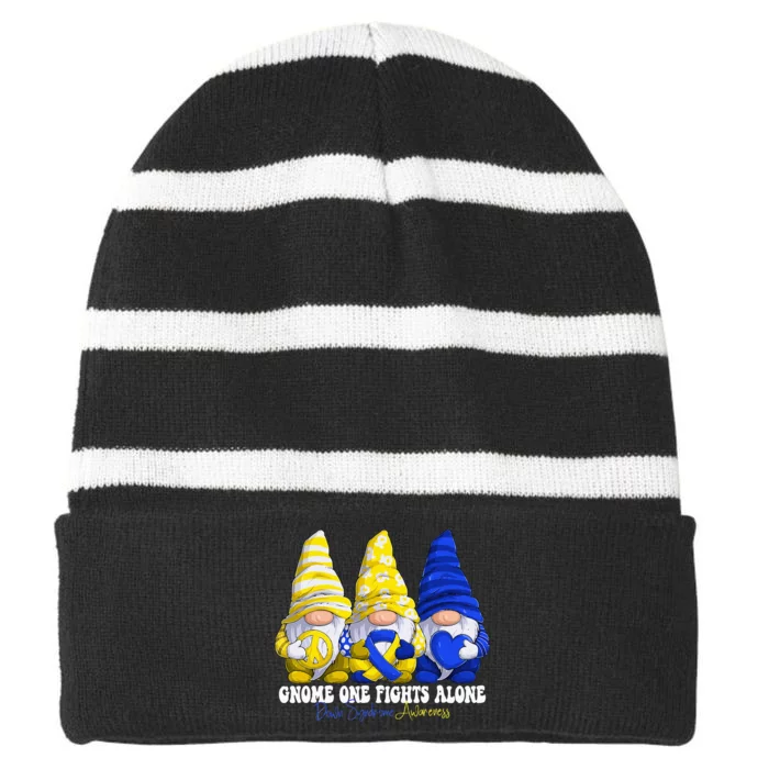 Funny Gnomies Down Syndrome Awareness Month Blue And Yellow Striped Beanie with Solid Band