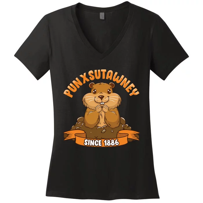 Funny Groundhog Day Phil Cute Ground Hog Punxsutawney Women's V-Neck T-Shirt