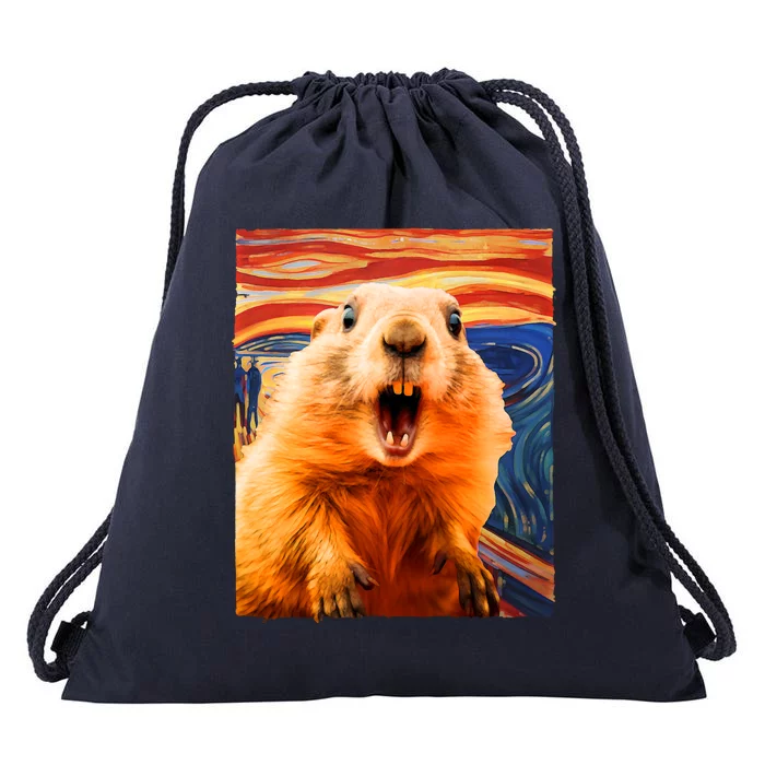 Funny Groundhog Day The Scream Painting Drawstring Bag