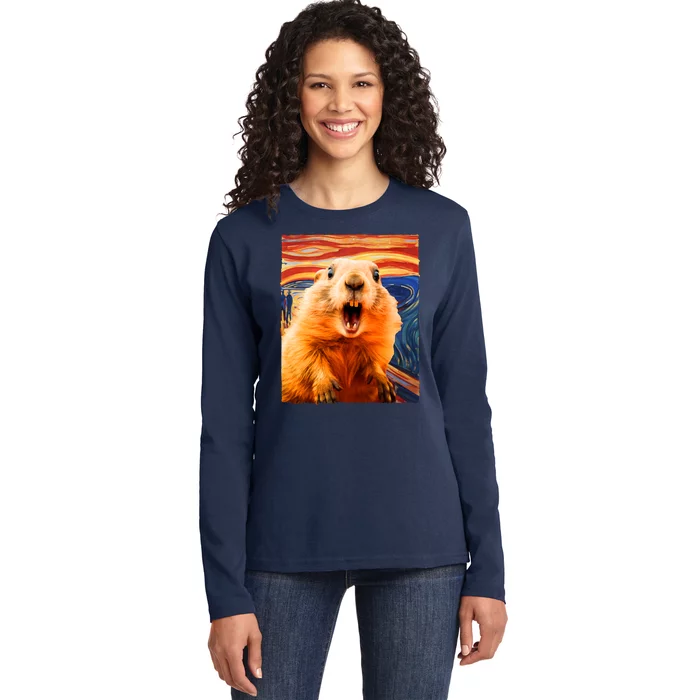 Funny Groundhog Day The Scream Painting Ladies Long Sleeve Shirt