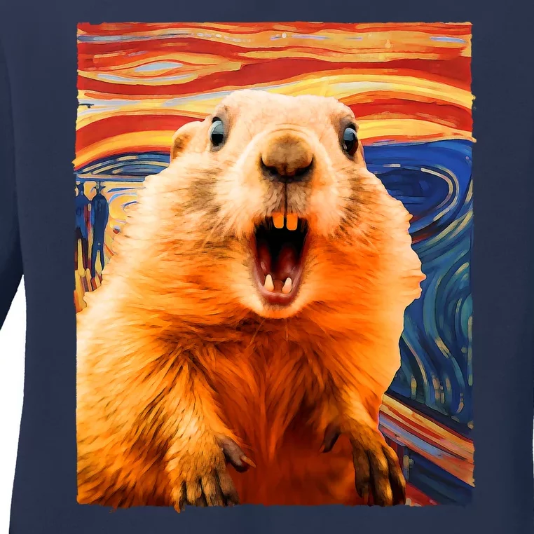 Funny Groundhog Day The Scream Painting Ladies Long Sleeve Shirt