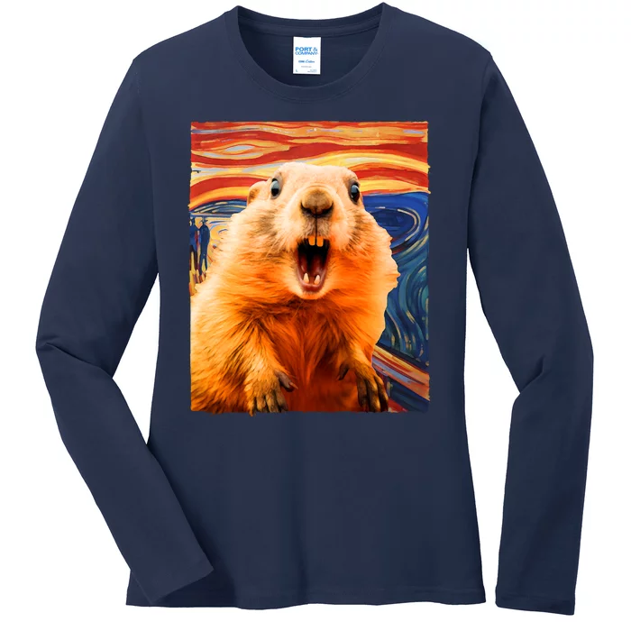 Funny Groundhog Day The Scream Painting Ladies Long Sleeve Shirt