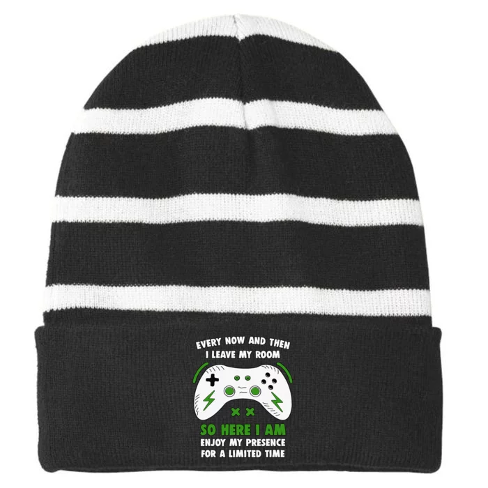 Funny Gamer Every Now And Then I Leave My Room Gaming Striped Beanie with Solid Band