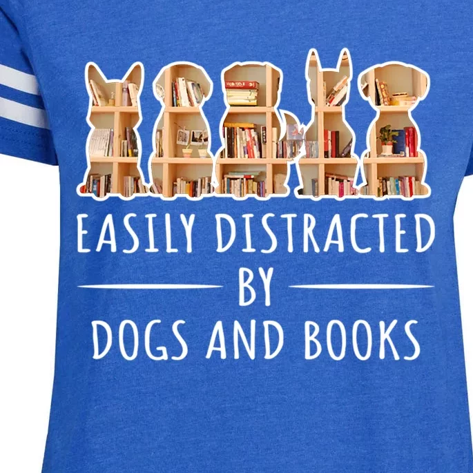 Funny Gift Easily Distracted By Dogs And Books Reading And Dog Lover Enza Ladies Jersey Football T-Shirt