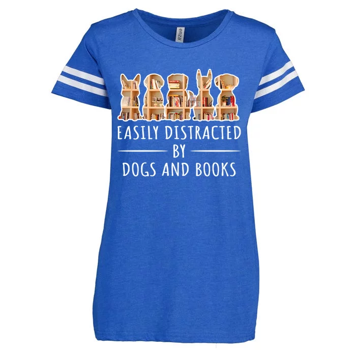 Funny Gift Easily Distracted By Dogs And Books Reading And Dog Lover Enza Ladies Jersey Football T-Shirt