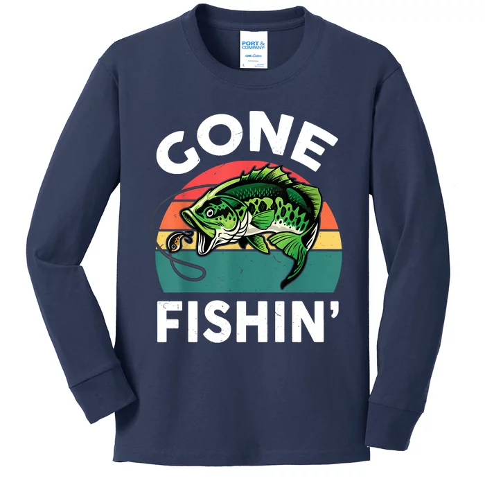 Funny Gone Fishing Bass Fish Kids Long Sleeve Shirt