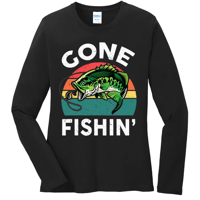 Funny Gone Fishing Bass Fish Ladies Long Sleeve Shirt