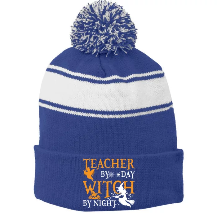 Funny Gift For Teachers Teacher By Day Witch By Night Halloween Gift Stripe Pom Pom Beanie