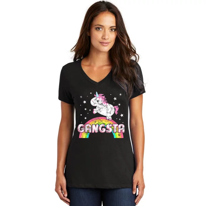 Funny Gift For Ironic Cool Unicorn Gangsta Rap Music Festival Women's V-Neck T-Shirt