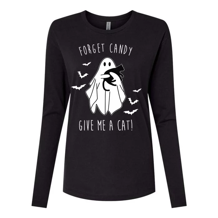 Funny Ghost Forget Candy Give Me A Cat Halloween Womens Cotton Relaxed Long Sleeve T-Shirt