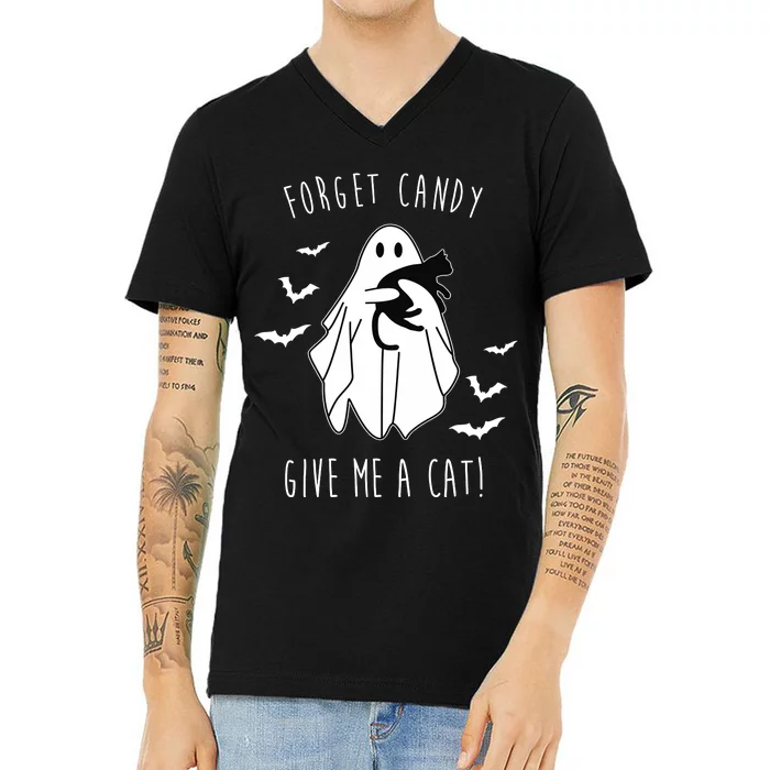 Funny Ghost Forget Candy Give Me A Cat Halloween V-Neck T-Shirt